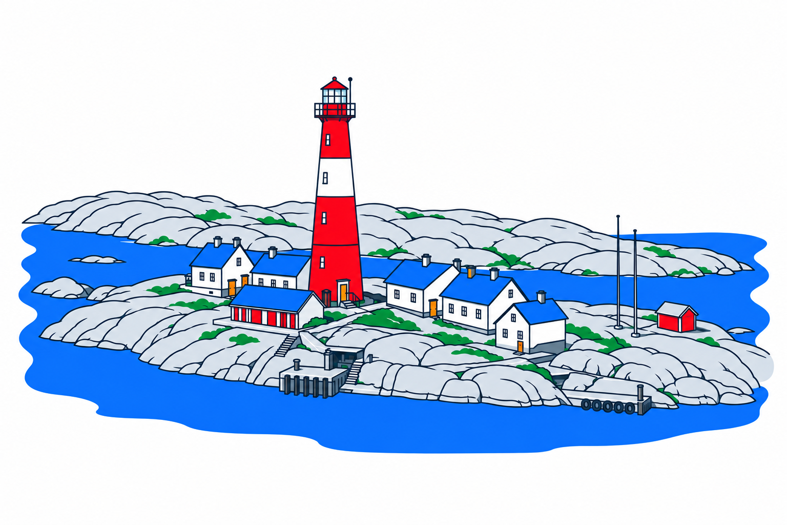 SamfunnPrep illustration: Færder fyr, Færder. A tall lighthouse above low rocky islands.