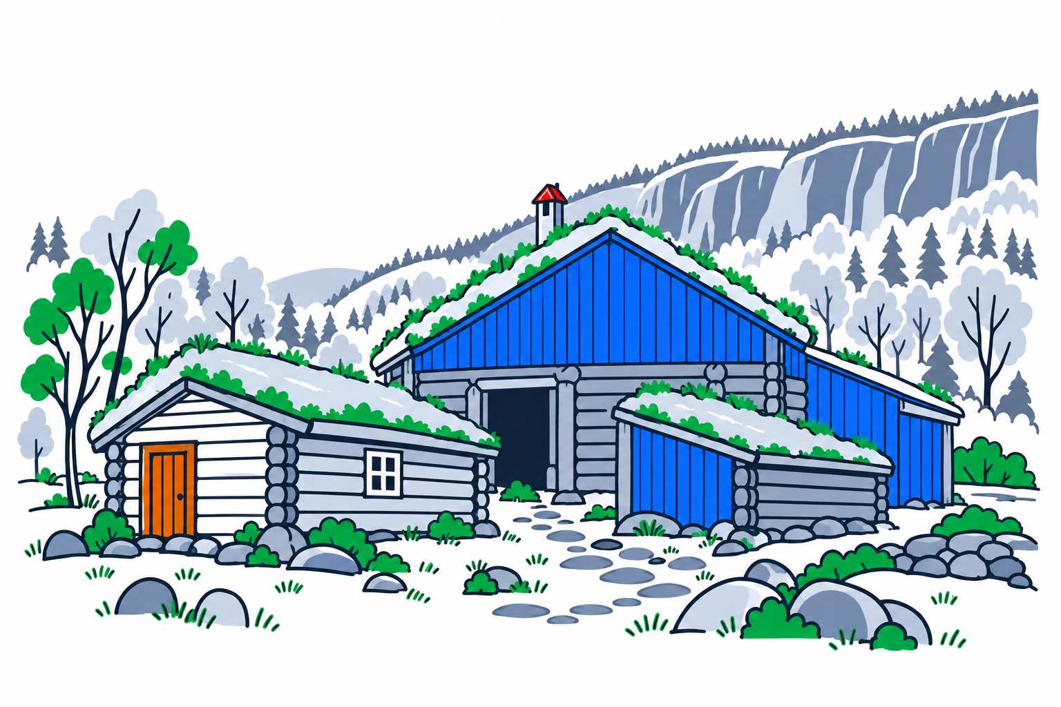 SamfunnPrep illustration of the clustered buildings at Sjønstå gård in Fauske