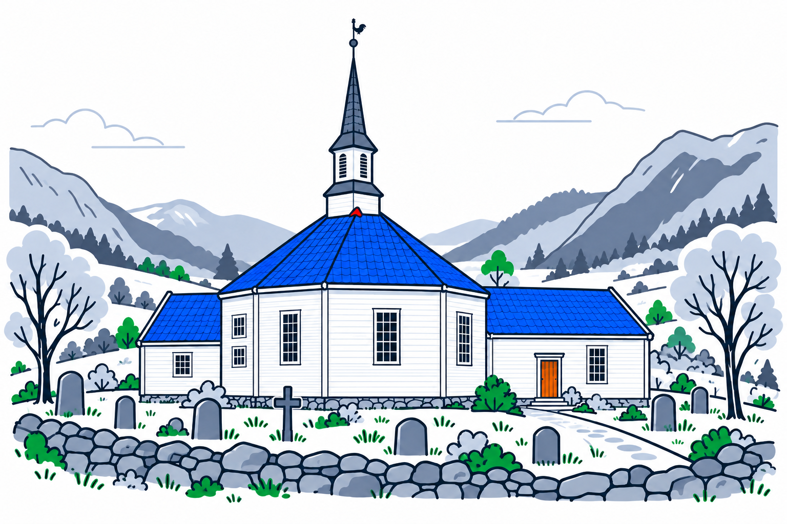 SamfunnPrep illustration of Rosekyrkja in Stordal, showing the white octagonal timber church in its historical setting.