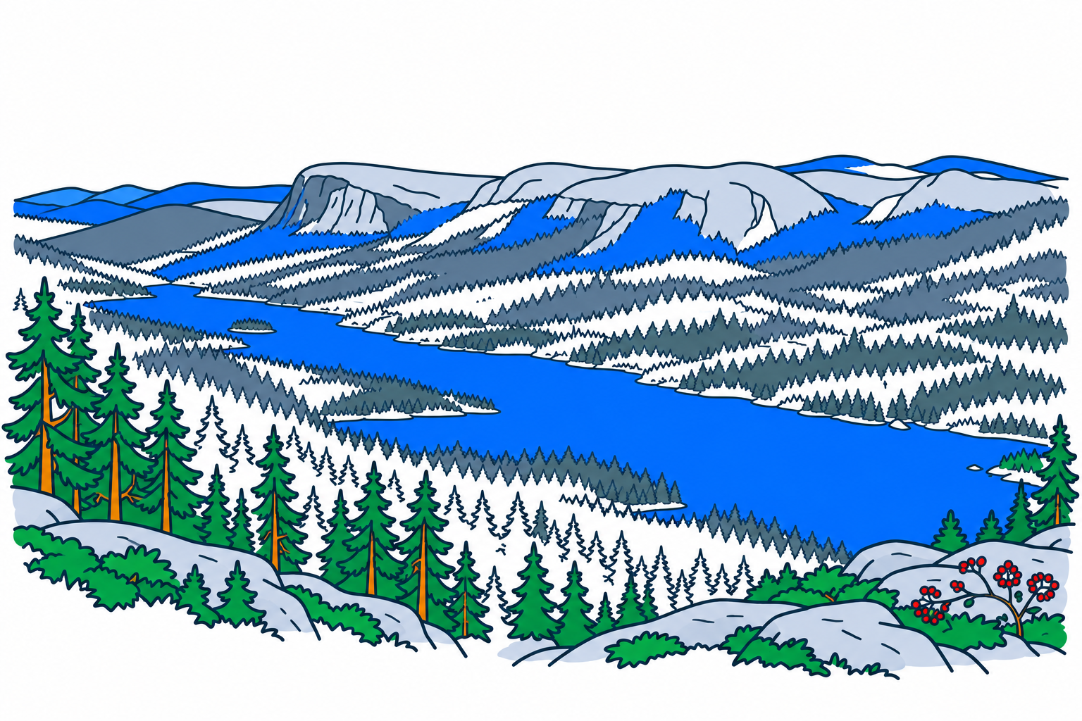 SamfunnPrep illustration: Vassfaret, Flå. The forested valley, lakes and steep hillsides.