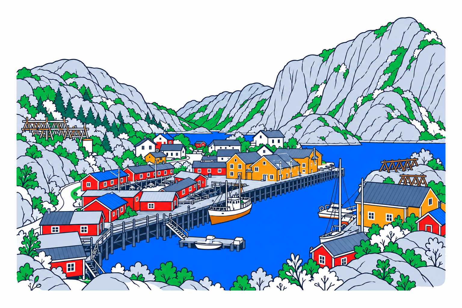 SamfunnPrep illustration of Nusfjord’s historic fishing harbour and rorbu cabins
