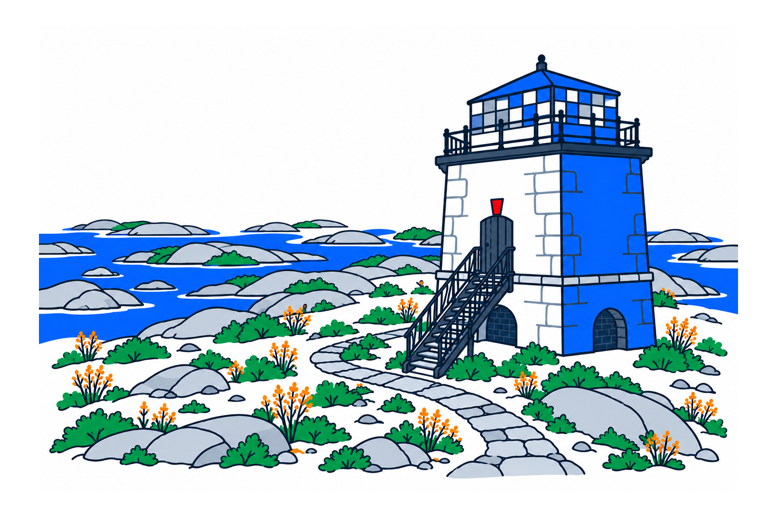 SamfunnPrep illustration of Villa fyr's hexagonal stone tower and external iron staircase.