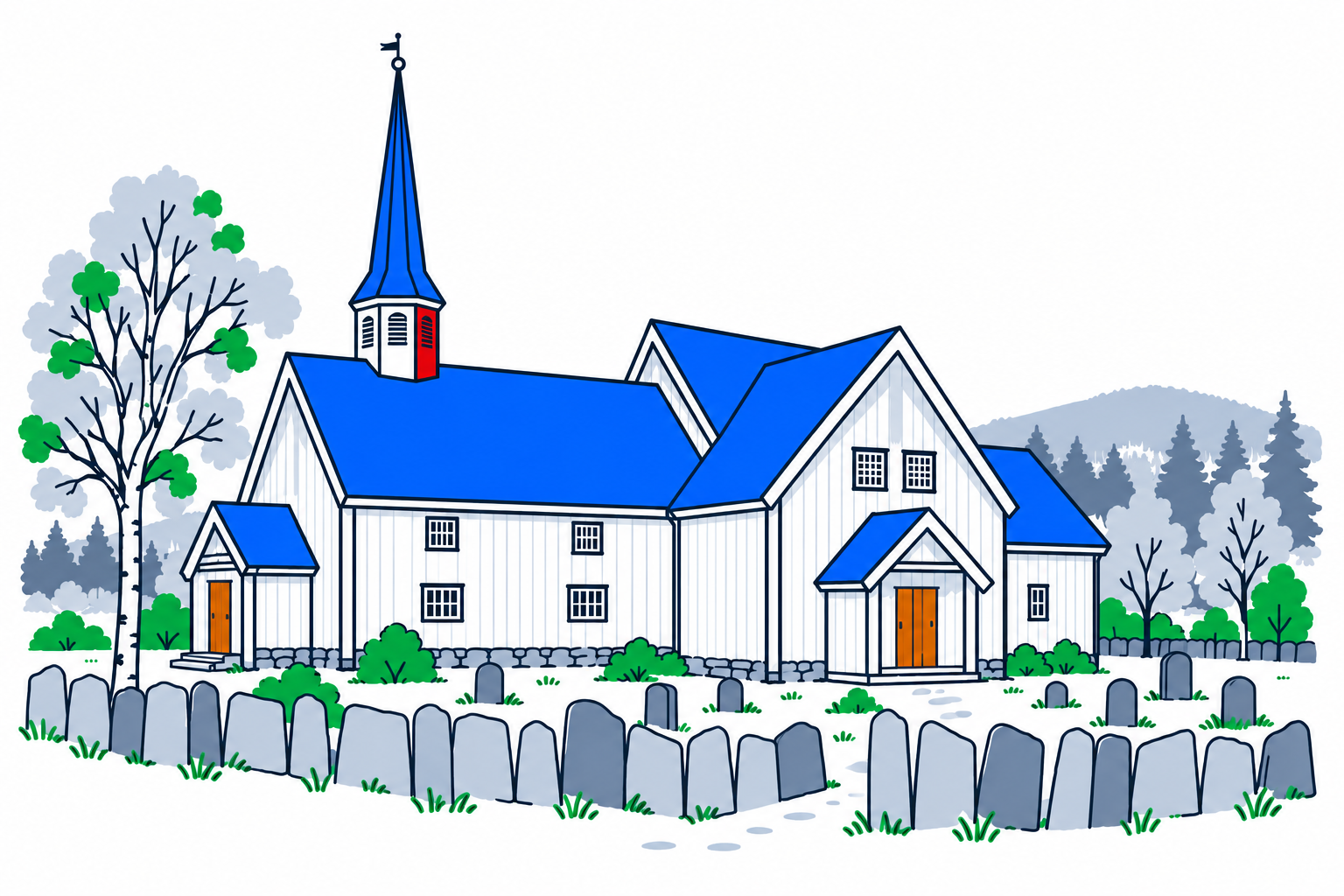 SamfunnPrep illustration: Flesberg stavkirke, Flesberg. The timber church with its later cross-shaped layout.