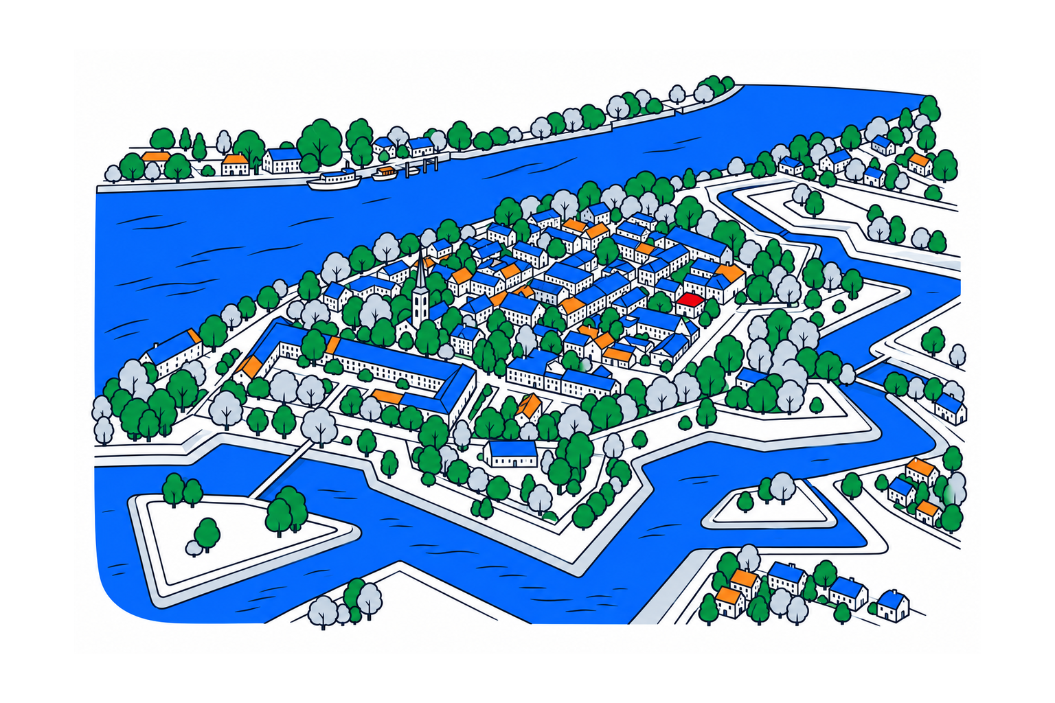 SamfunnPrep illustration: Gamlebyen, Fredrikstad. The fortified Old Town and its historic buildings.
