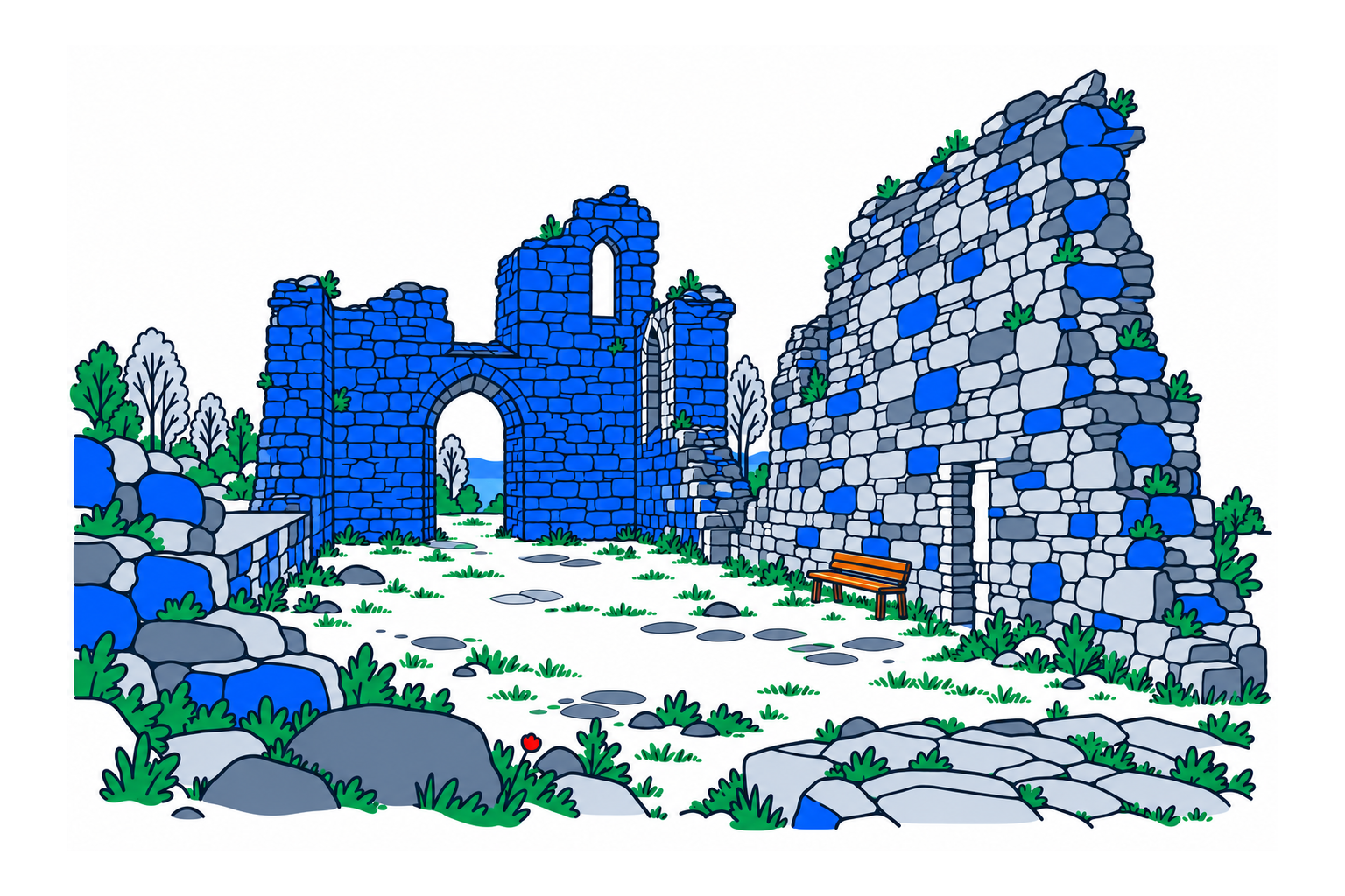 SamfunnPrep illustration of the roofless stone church walls at Tautra klosterruin.
