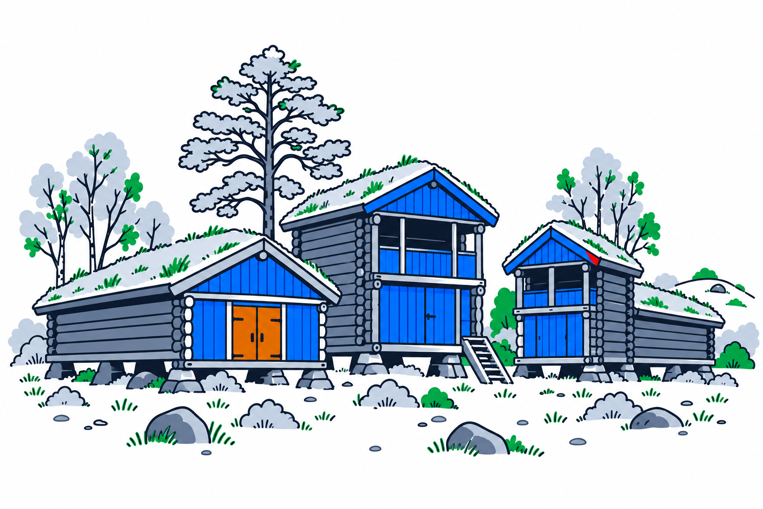 SamfunnPrep illustration: Fyresdal bygdemuseum, Fyresdal. Historic wooden museum buildings beneath old trees in a park.
