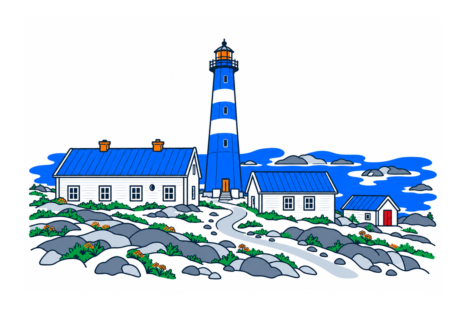 SamfunnPrep illustration of the tall red-and-white Slettnes fyr and white station houses on the open rocky Arctic coast.