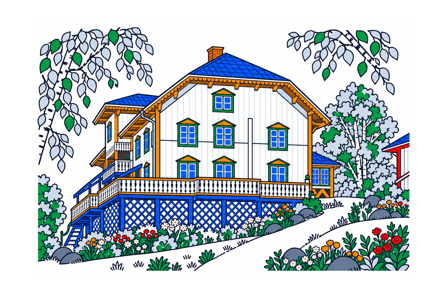 SamfunnPrep illustration: Aulestad, Gausdal. The historic house with its broad veranda and garden.