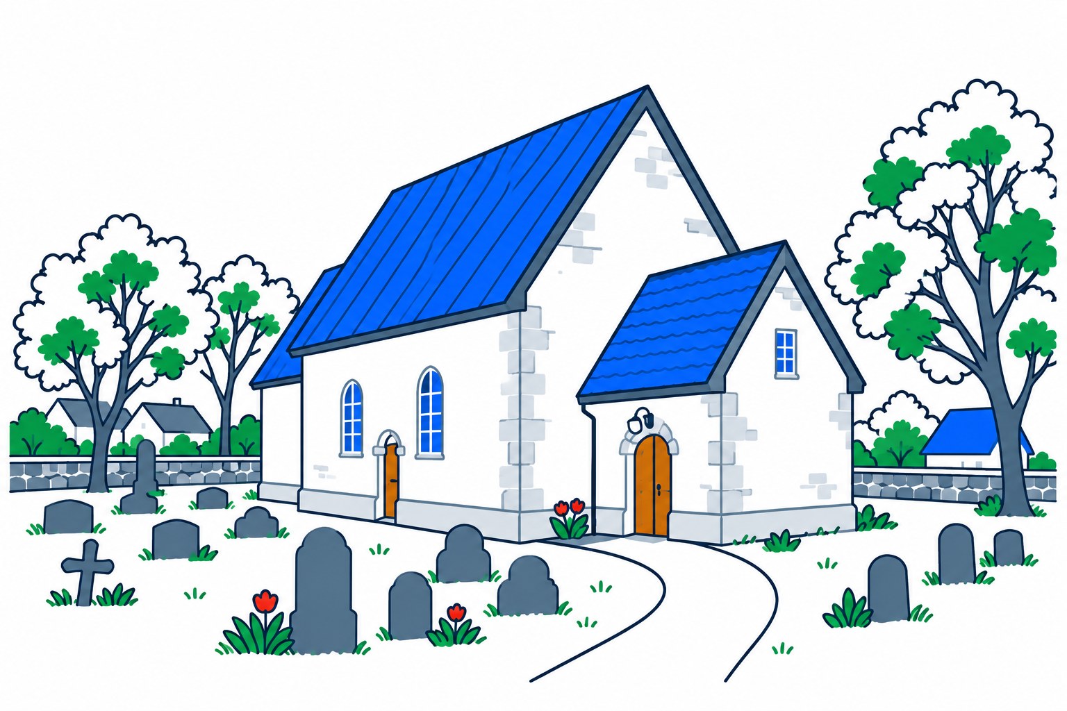 SamfunnPrep illustration of Giske kirke, showing the compact marble church with rounded openings and its island churchyard setting.