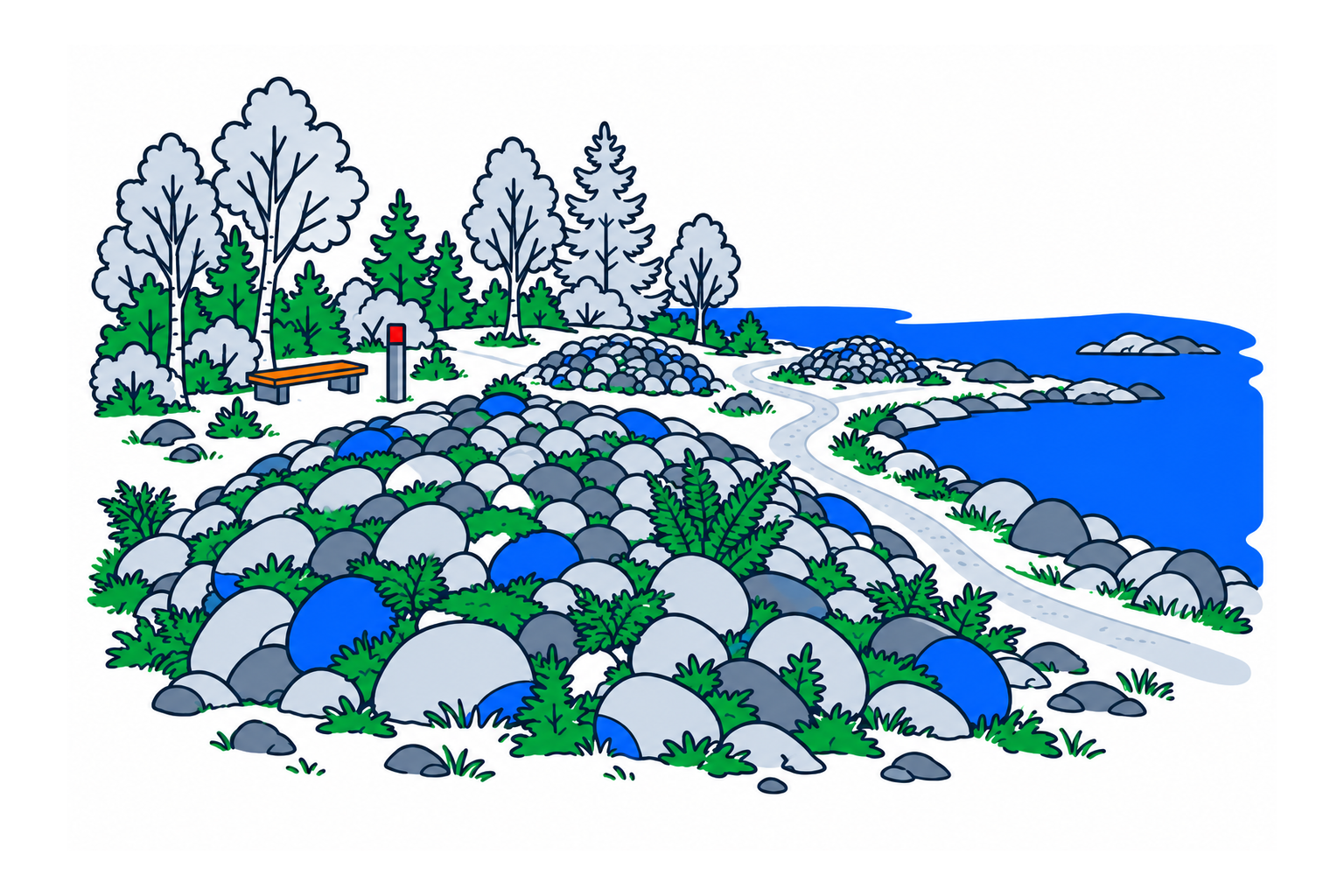 SamfunnPrep illustration of Ikornneset fornminnepark in Gjemnes, showing the burial cairns within the coastal archaeological landscape.