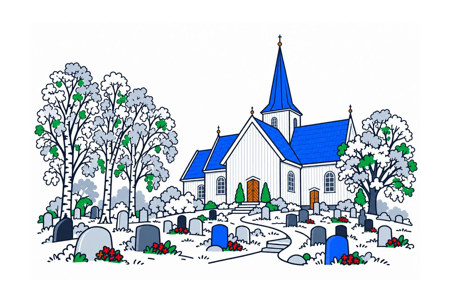SamfunnPrep illustration: Gjerdrum kirke, Gjerdrum. The timber cross church with its central roof turret.
