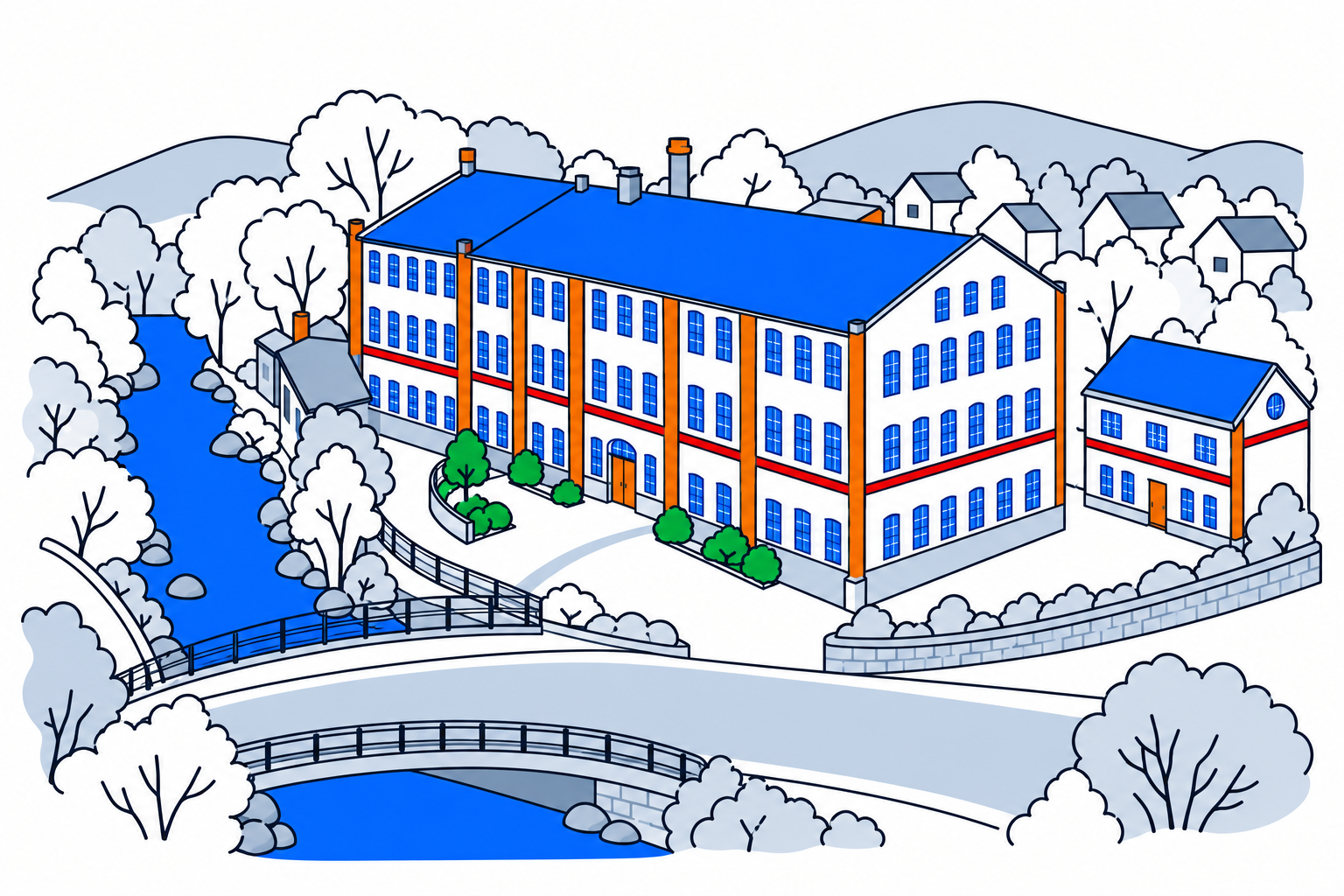 SamfunnPrep illustration of Veveriet in Gjesdal, showing the long multi-storey former weaving mill beside the watercourse.