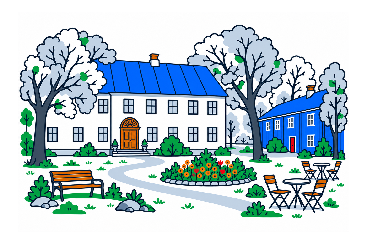 SamfunnPrep illustration: Gjøvik gård, Gjøvik. The pale historic main house within the central park.