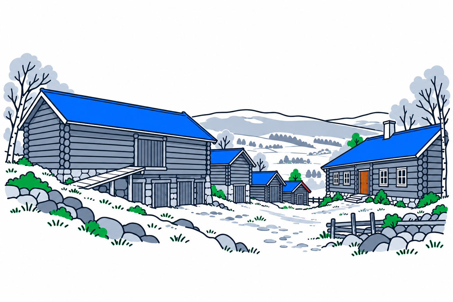 SamfunnPrep illustration: Gol bygdemuseum, Gol. The hillside farmyard with historic timber buildings.