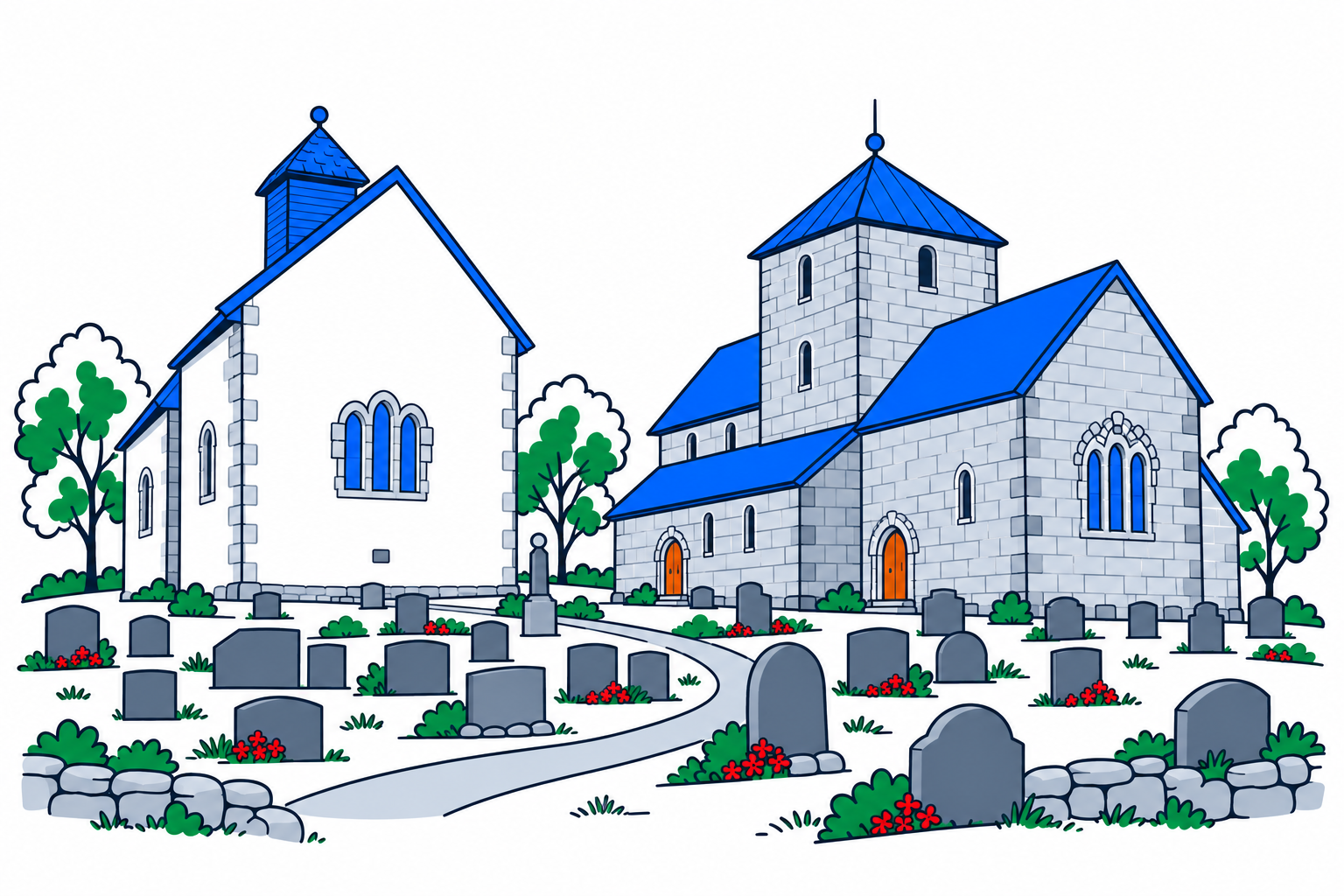 SamfunnPrep illustration: Søsterkirkene, Gran. Two neighbouring medieval stone churches on a hill.