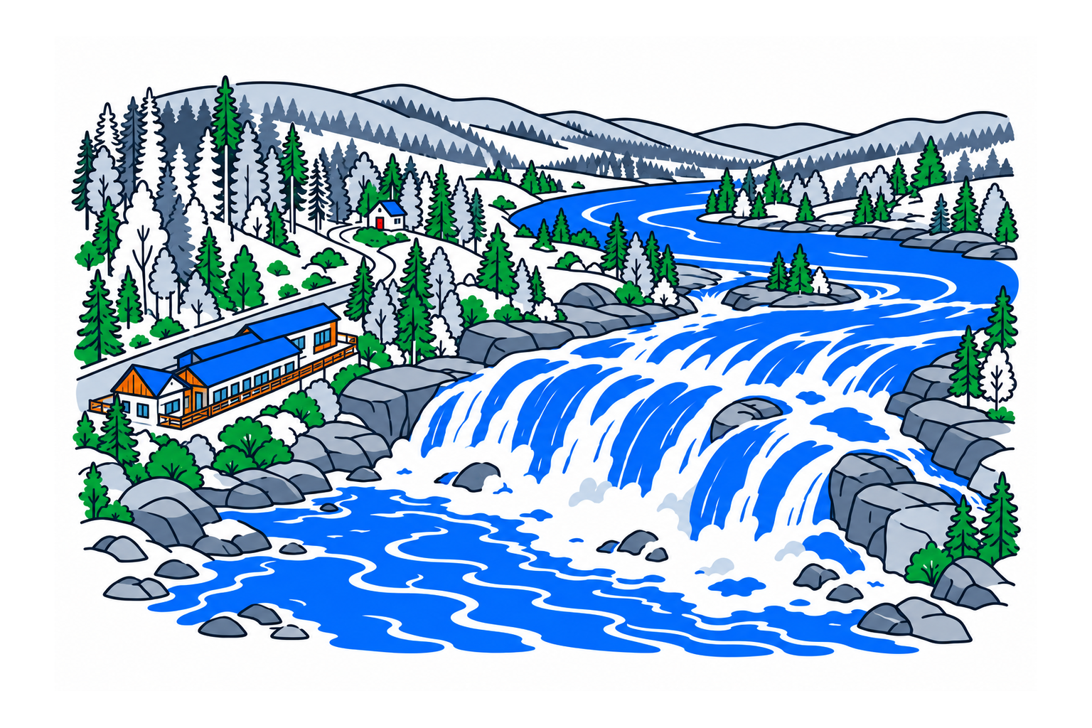 SamfunnPrep illustration of Laksforsen waterfall on Vefsna in Grane