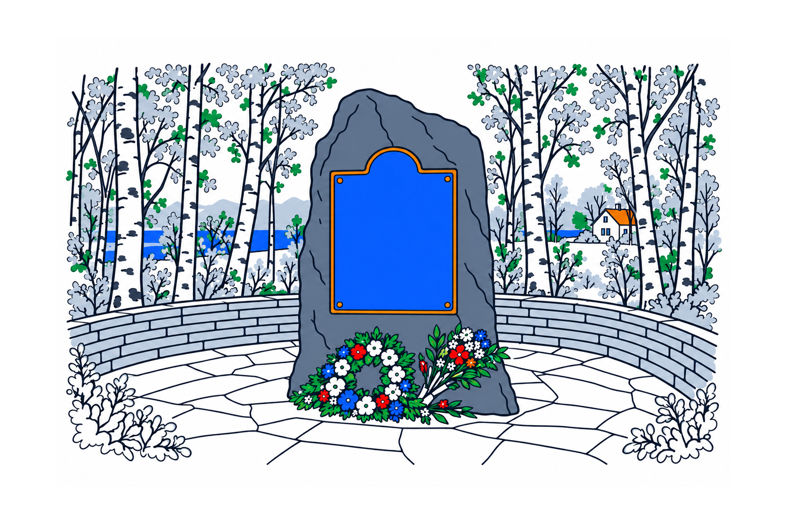 SamfunnPrep illustration of the memorial grove and war monuments at Minnelunden i Gratangsbotn in Gratangen.