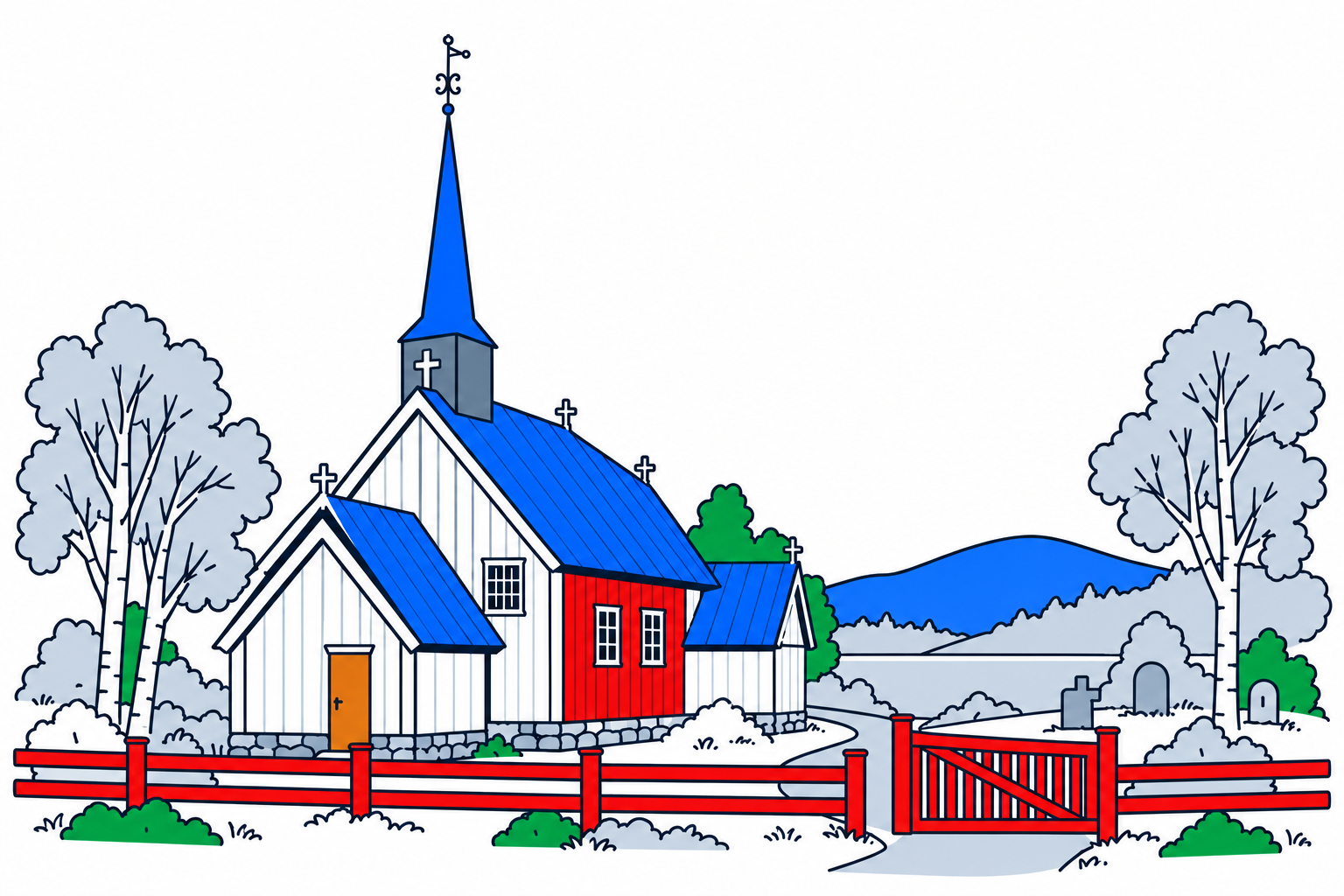 SamfunnPrep illustration of the compact timber Gløshaug kirke, porch and slender roof spire.
