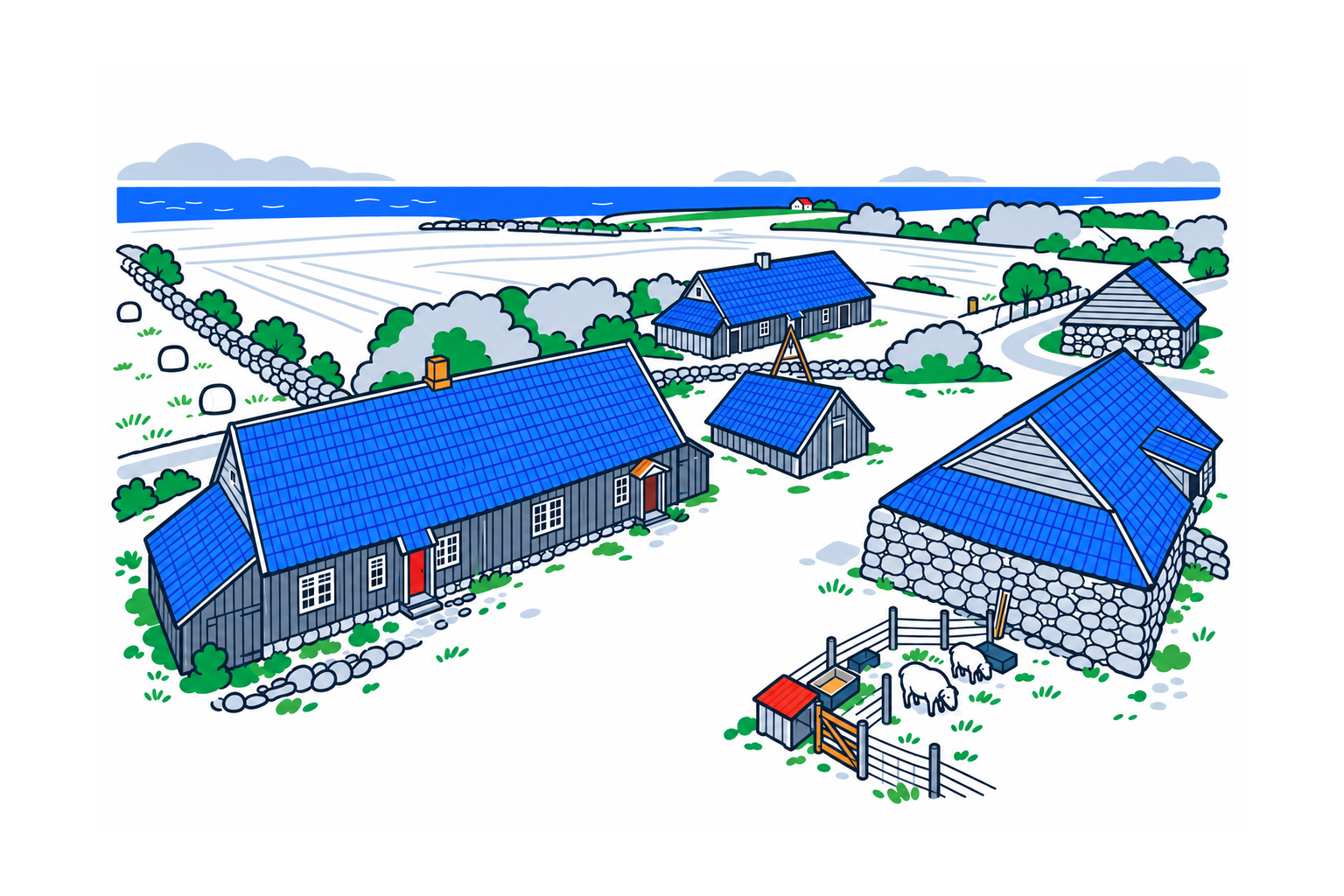 SamfunnPrep illustration of Grødeland bygdetun in Hå, with low historic farmhouses, stone barns and the open coastal landscape.