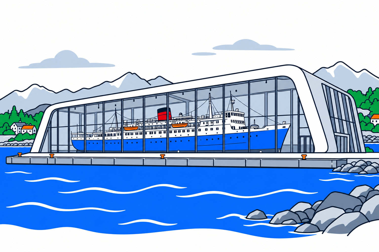 SamfunnPrep illustration of Hurtigrutemuseet and the preserved MS Finnmarken