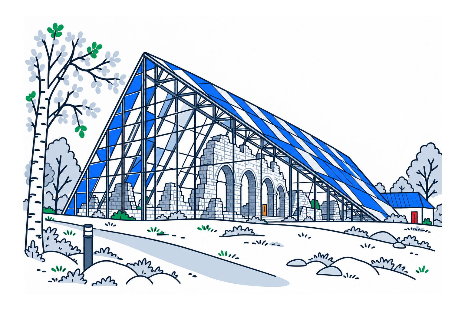 SamfunnPrep illustration: Domkirkeodden, Hamar. The glass enclosure around the medieval cathedral ruins.