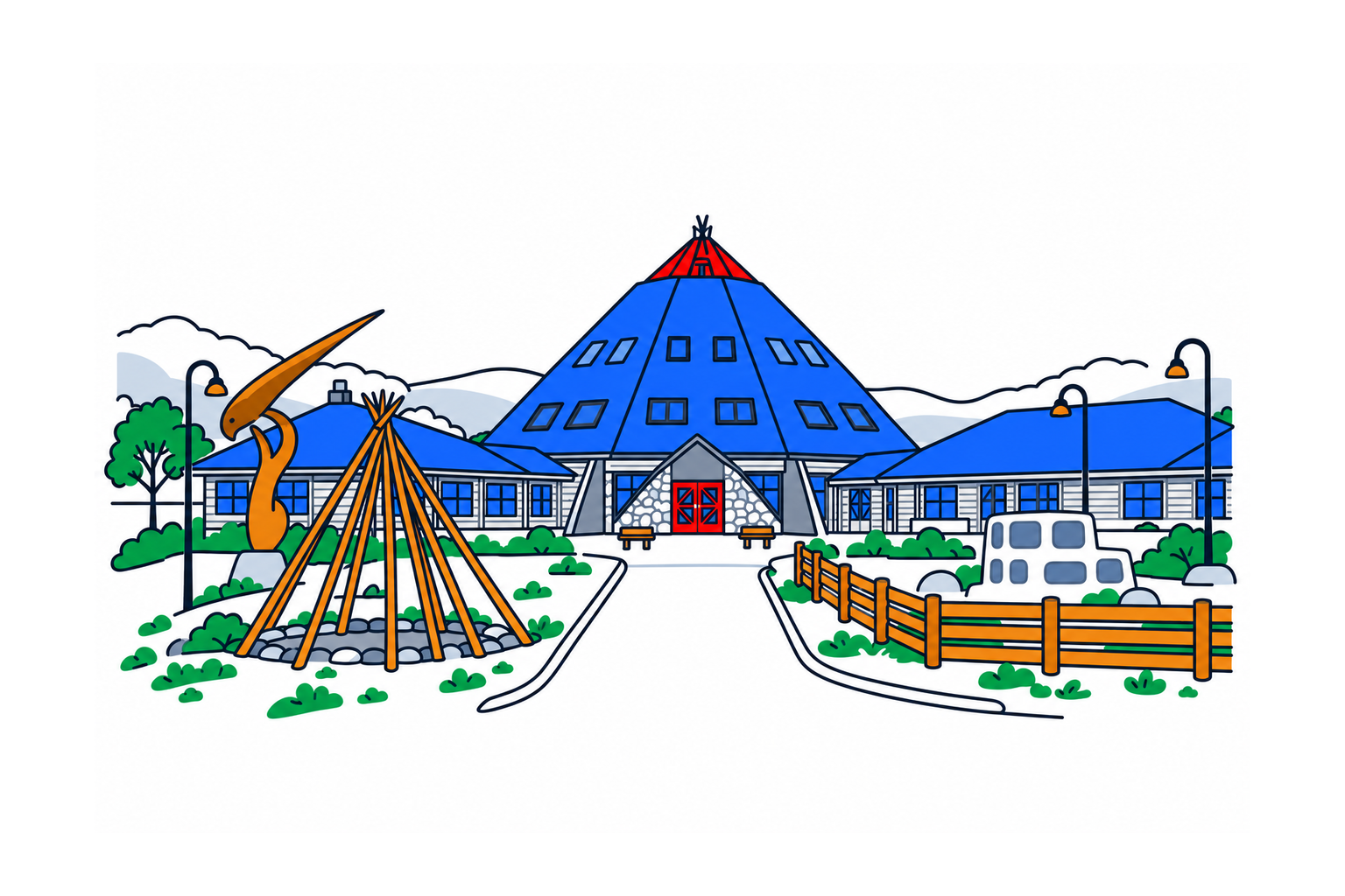 SamfunnPrep illustration of Árran’s distinctive centre building in Hamarøy