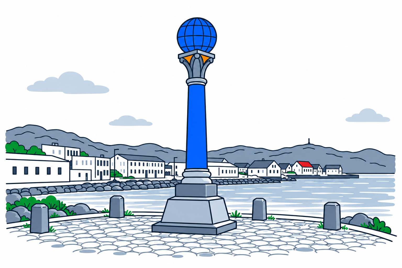 SamfunnPrep illustration of Meridianstøtten, its slender column, decorated capital and globe at Fuglenes in Hammerfest.