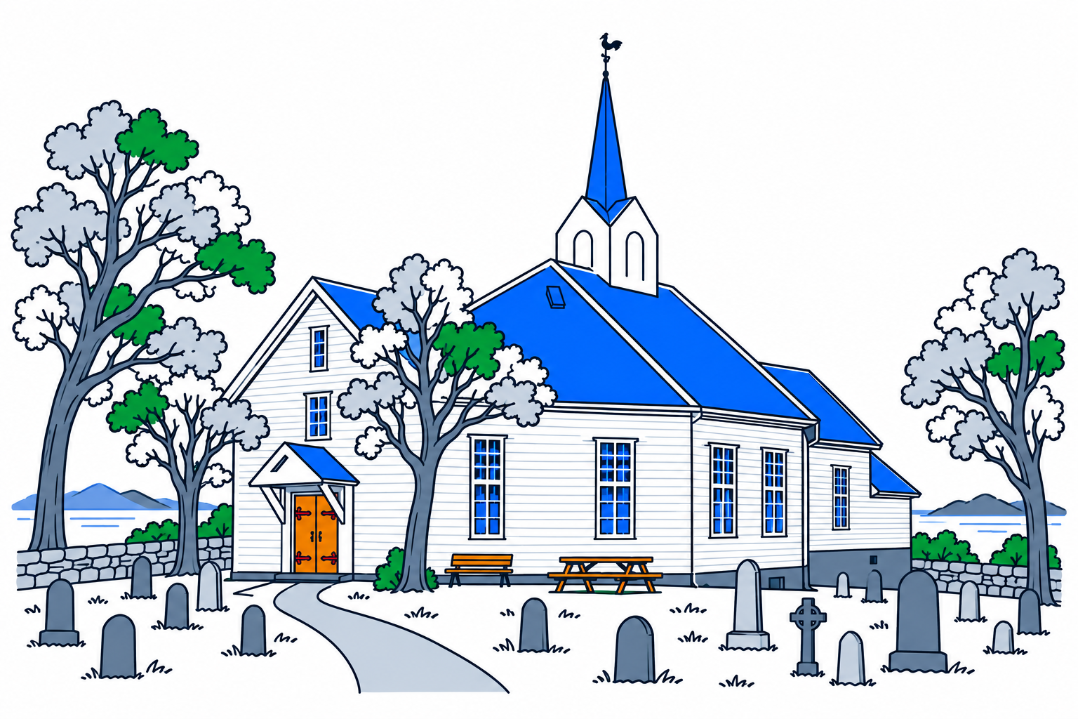 SamfunnPrep illustration of Haram kyrkje at Austnes on Haramsøya, showing the octagonal timber church and tower.