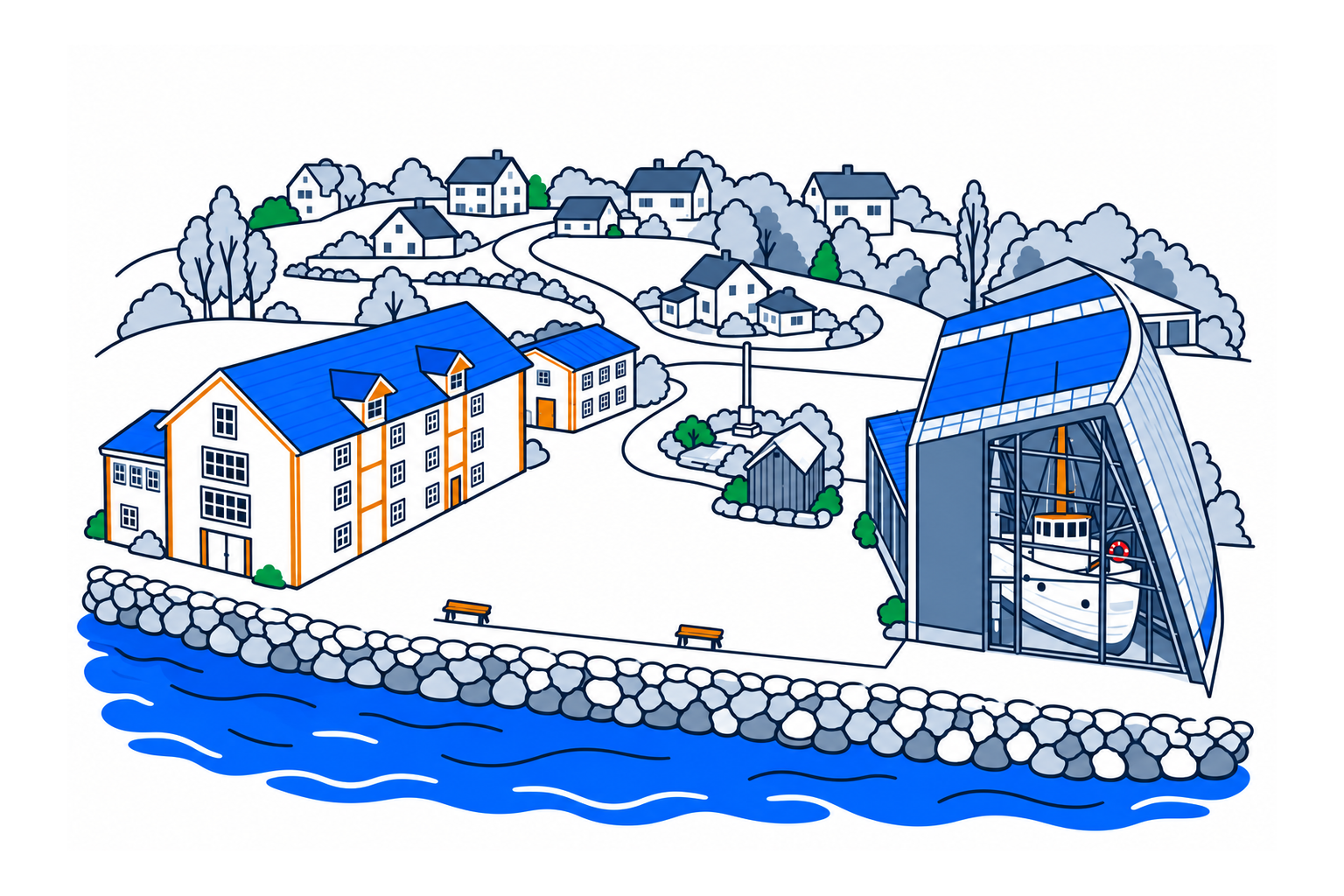 SamfunnPrep illustration of Ishavsmuseet Aarvak in Brandal, showing the preserved polar vessel and its protective museum building.