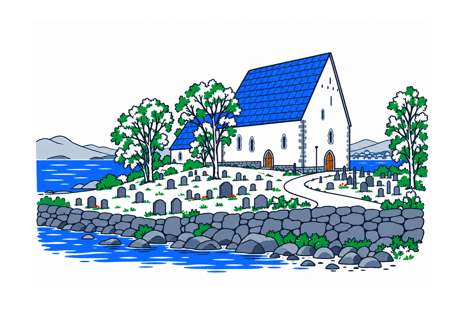 SamfunnPrep illustration of Trondenes kirke, its white medieval stone walls and steep roofs beside the sea in Harstad.