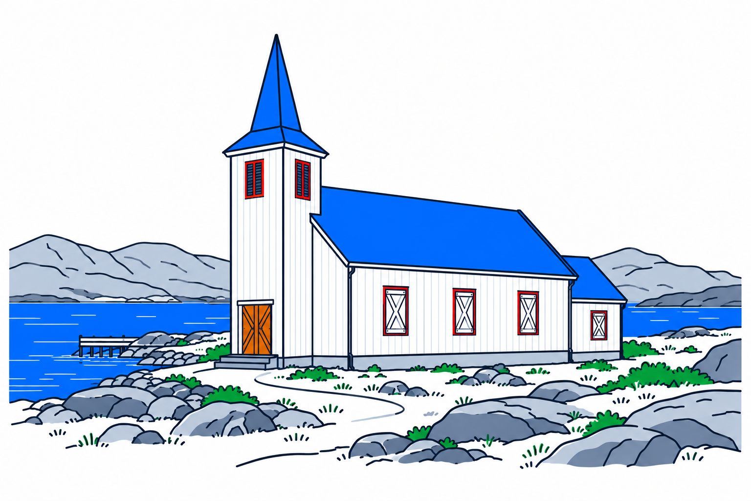 SamfunnPrep illustration of the white Dønnesfjord kirke with red-framed shutters, a simple tower and bare coastal mountains.