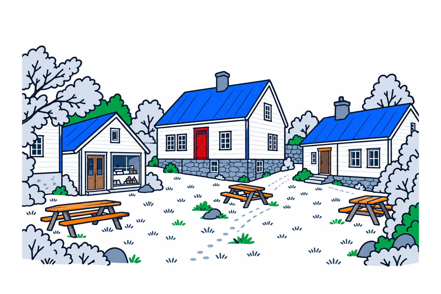 SamfunnPrep illustration of Dokken friluftsmuseum in Haugesund, with historic timber houses around a green courtyard.