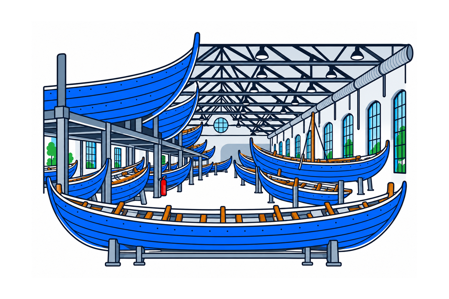SamfunnPrep illustration of traditional clinker-built boats displayed inside Geitbåtmuseet.