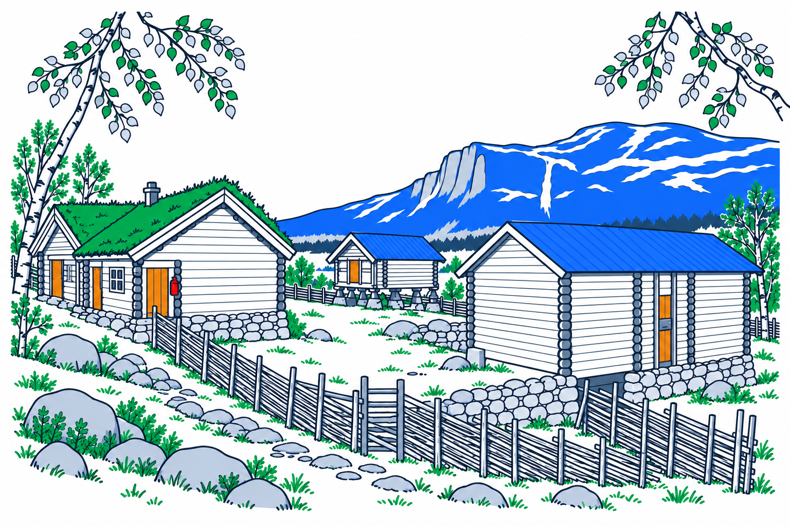 SamfunnPrep illustration: Hemsedal bygdatun, Hemsedal. The old mountain farm and its timber houses on the hillside.