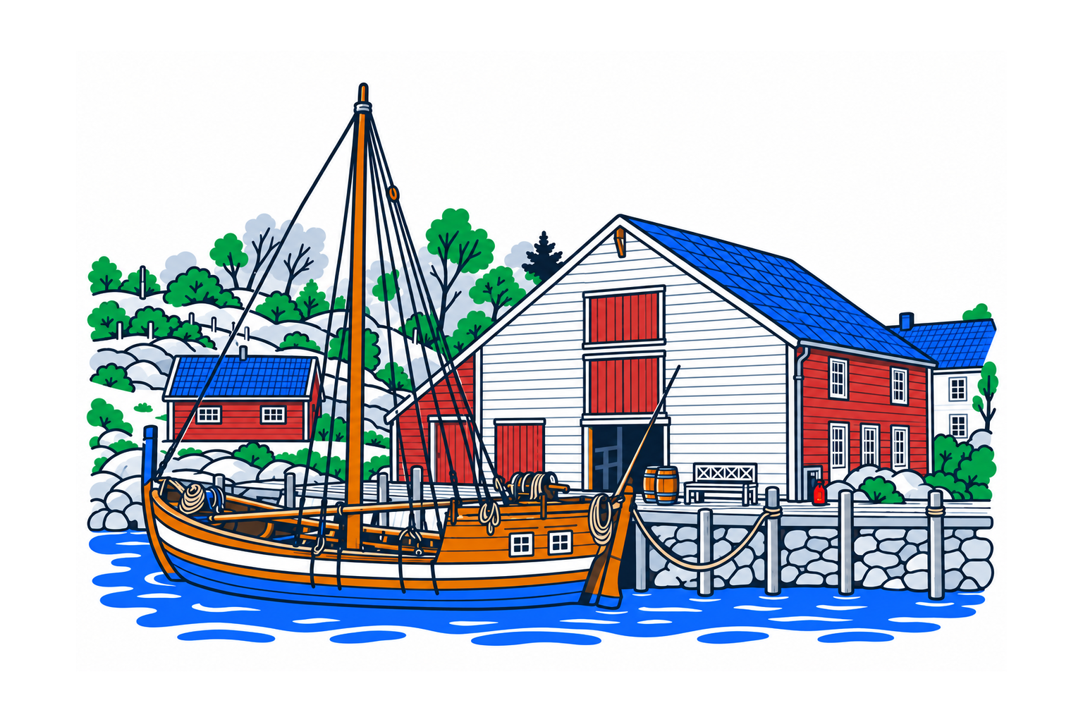 SamfunnPrep illustration of Herøy kystmuseum on Herøya, with historical waterfront trading buildings and the sailing vessel Anna Olava.