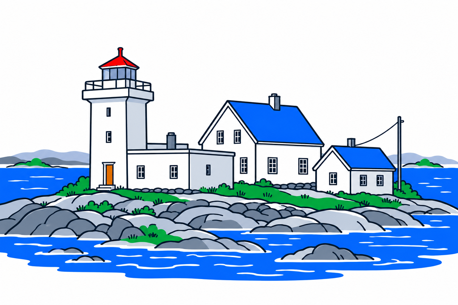 SamfunnPrep illustration of Terningen fyr's concrete tower and island lighthouse buildings.
