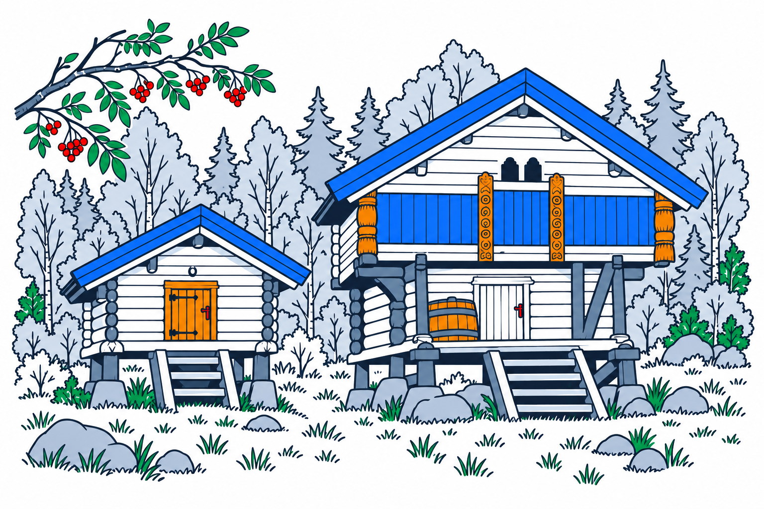 SamfunnPrep illustration: Tuddal bygdetun, Hjartdal. Historic wooden farm buildings grouped around an open museum yard.