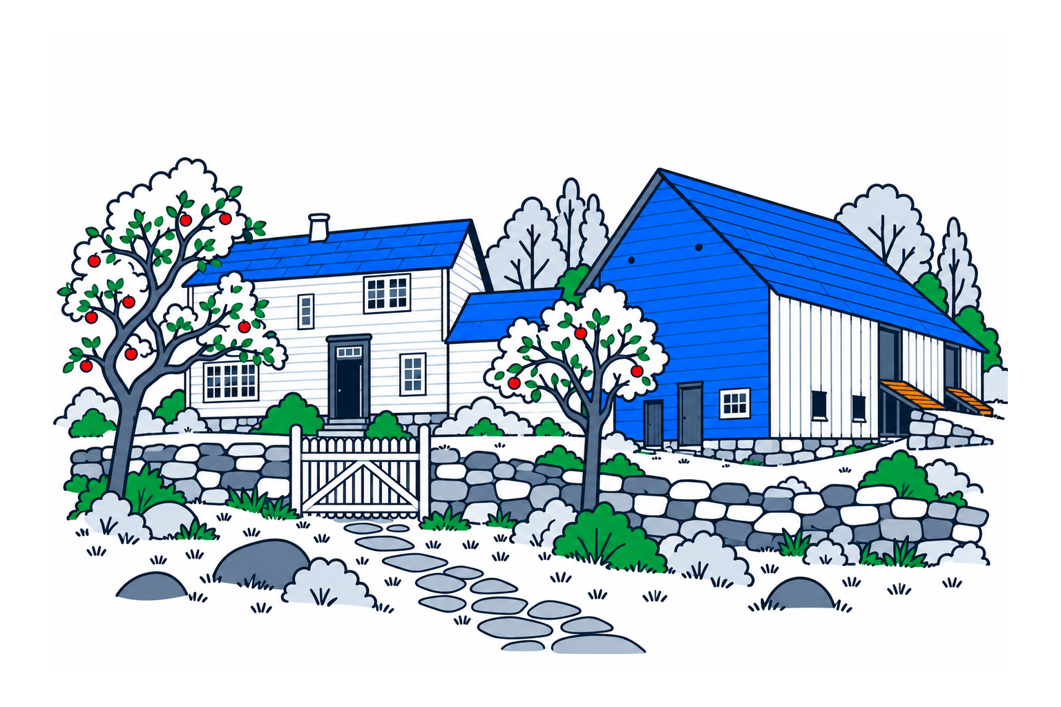 SamfunnPrep illustration of Vigatunet in Hjelmeland, showing the historic farmhouse and barn within the farmyard and fruit-growing landscape.