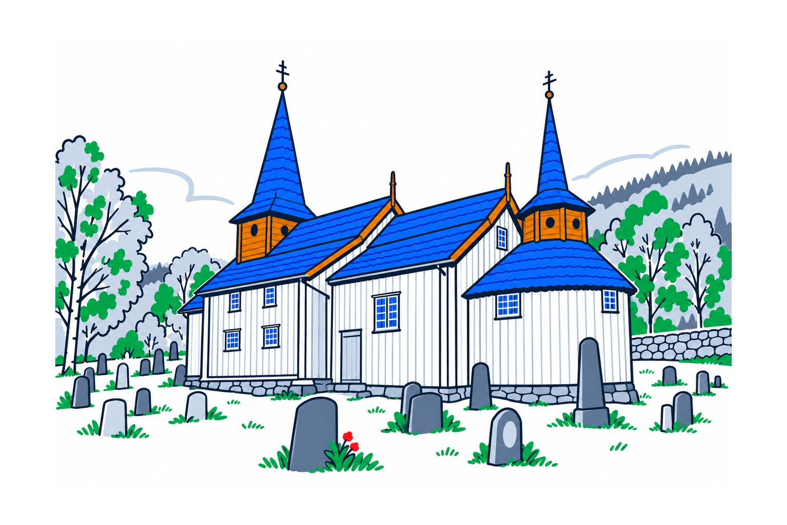 SamfunnPrep illustration: Hol gamle kyrkje, Hol. The old timber church with its different rooflines beside the fjord.