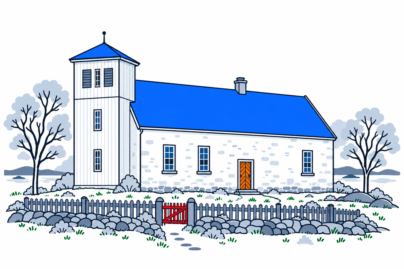 SamfunnPrep illustration: Bønsnes kirke, Hole. The small stone church with its later timber tower.