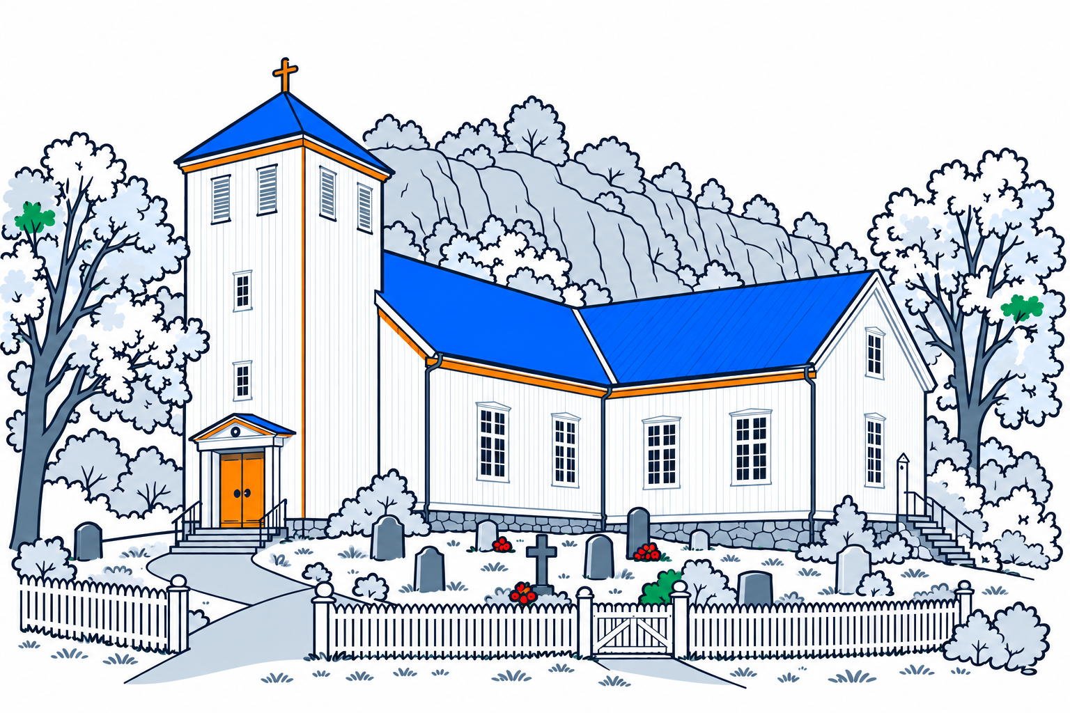 SamfunnPrep illustration: Holmestrand kirke, Holmestrand. A timber church with an unusual three-armed plan.