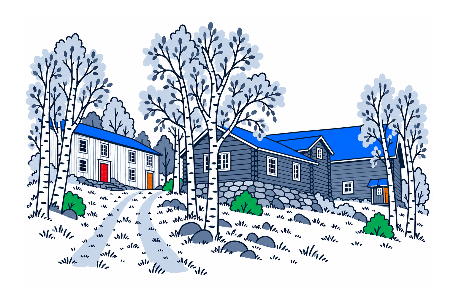 SamfunnPrep illustration of the historic hillside buildings and farmyard at Ålen bygdemuseum.