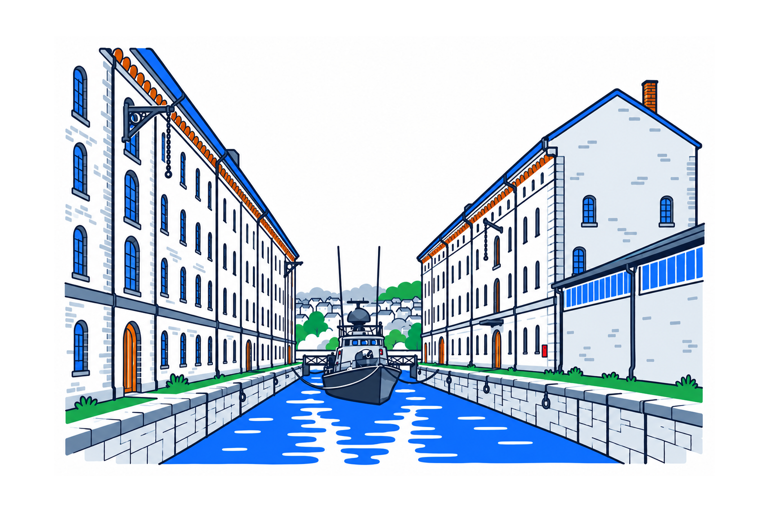 SamfunnPrep illustration: Karljohansvern, Horten. Historic naval buildings beside the harbour.