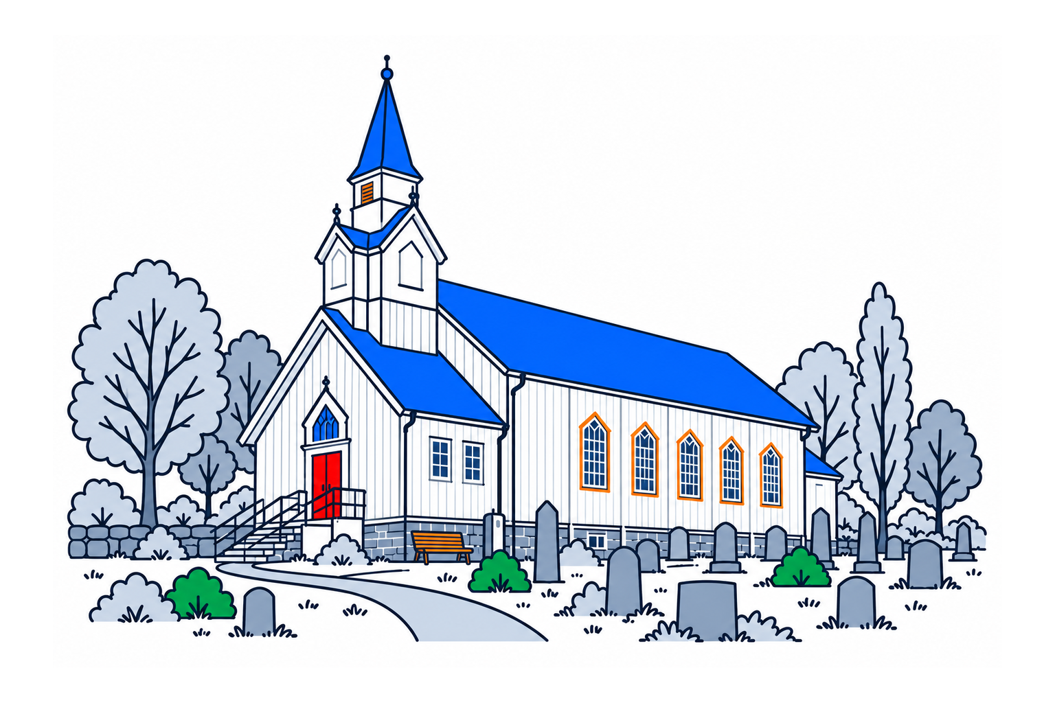 SamfunnPrep illustration of the white timber Høylandet kirke, pointed windows and tall spire.