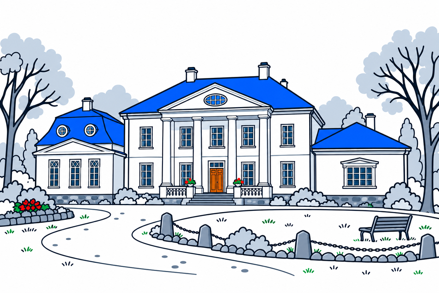 SamfunnPrep illustration: Hurdal verk, Hurdal. The historic main building and park at Hurdal verk.