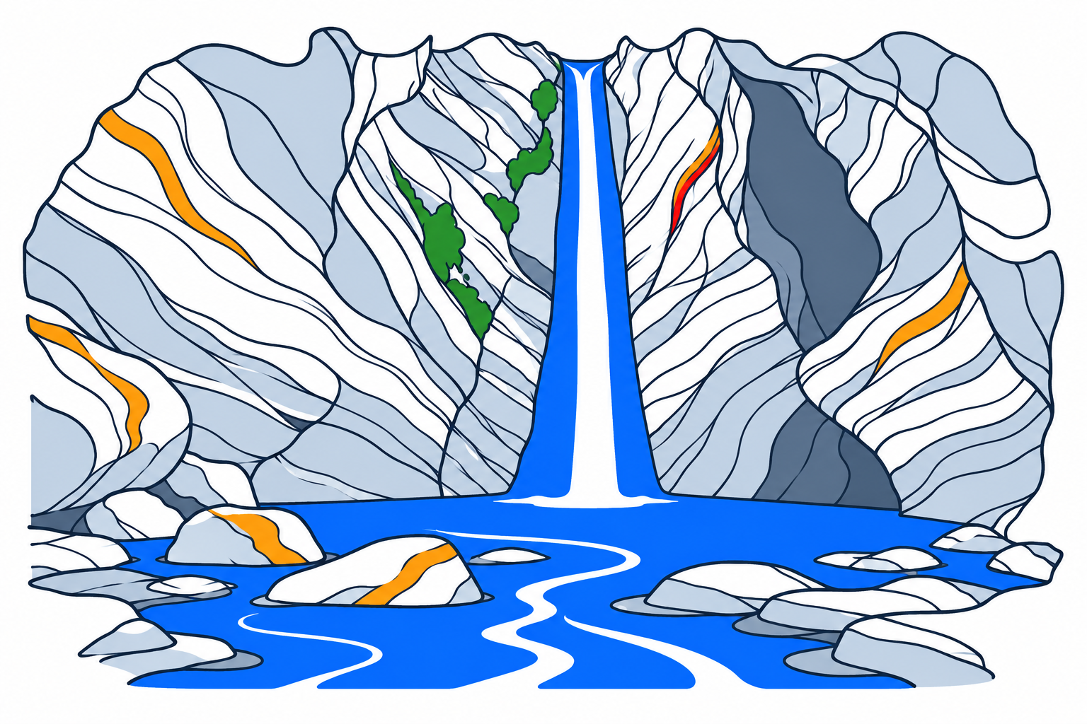 SamfunnPrep illustration of Trollkyrkja in Hustadvika, showing the cave opening and waterfall within the limestone mountain landscape.
