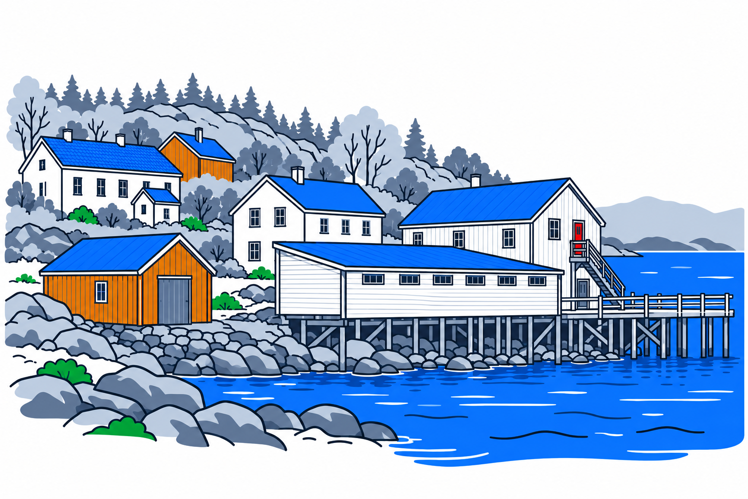 SamfunnPrep illustration of the historic houses and waterfront warehouses of Hamnvik handelssted in Ibestad.