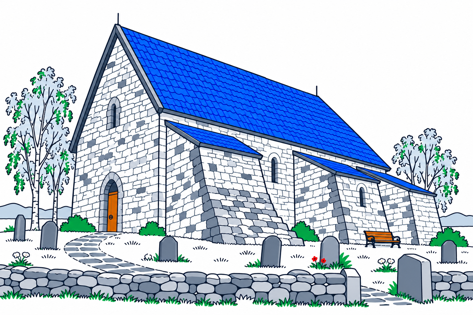 SamfunnPrep illustration of Sakshaug gamle kirke's stone walls, steep roofs and south-side buttresses.