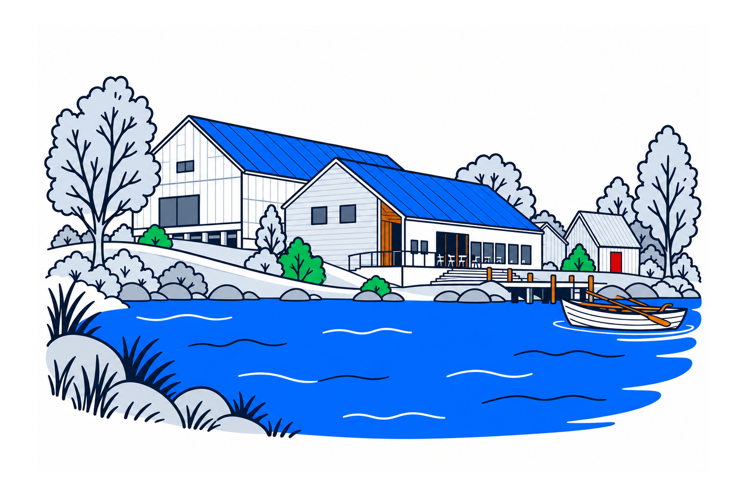 SamfunnPrep illustration of the waterside timber exhibition buildings at Kystens Arv.
