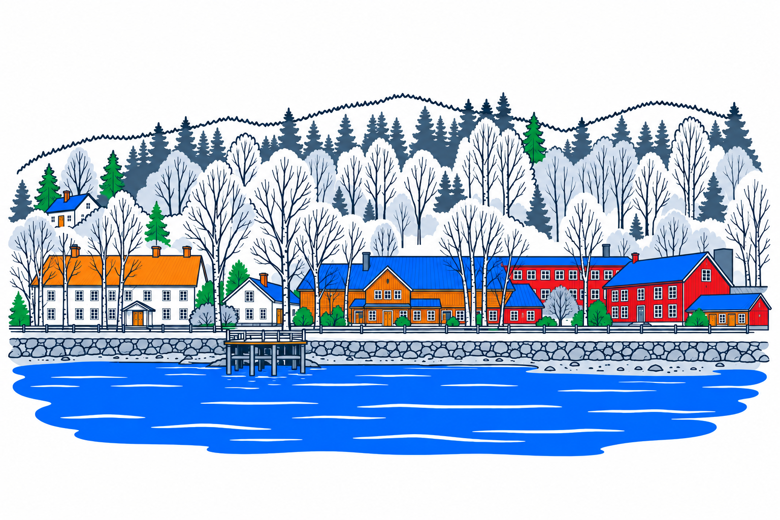 SamfunnPrep illustration: Hadeland Glassverk, Jevnaker. The historic glassworks buildings beside Randsfjorden.